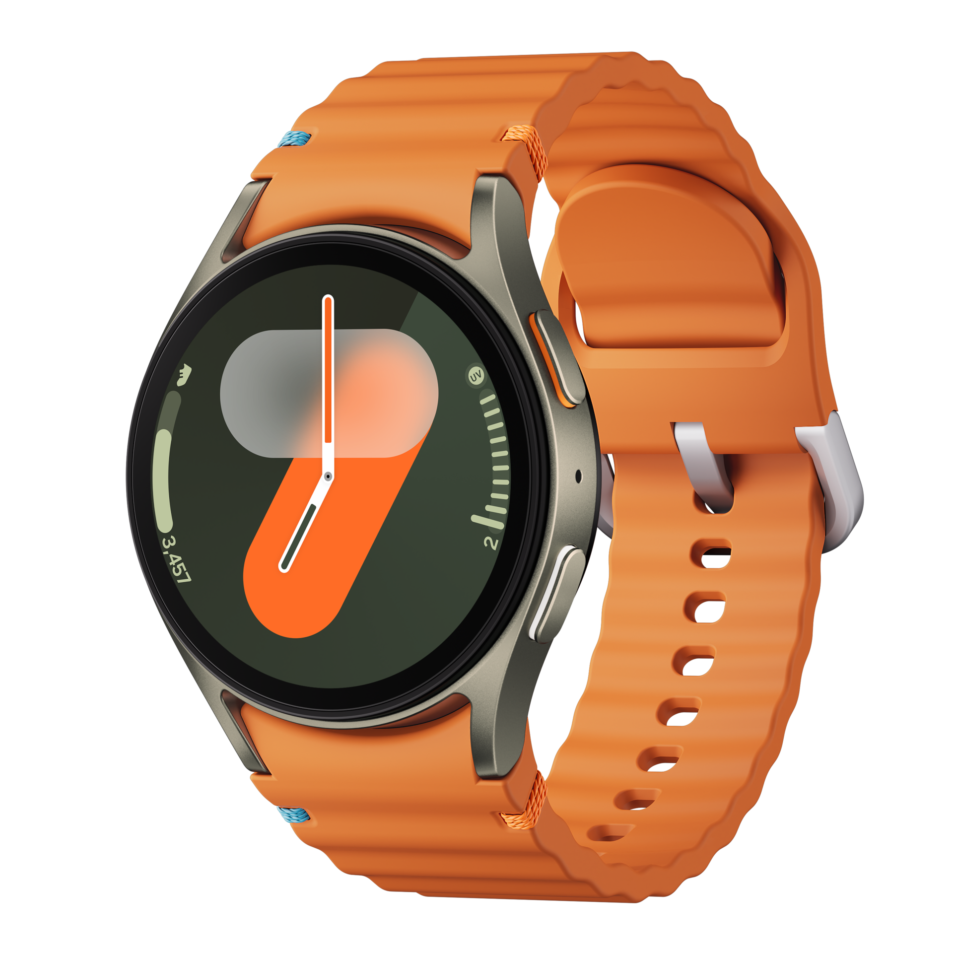 A green Galaxy Watch7 with a orange Sport band at a tilted angle is shown.