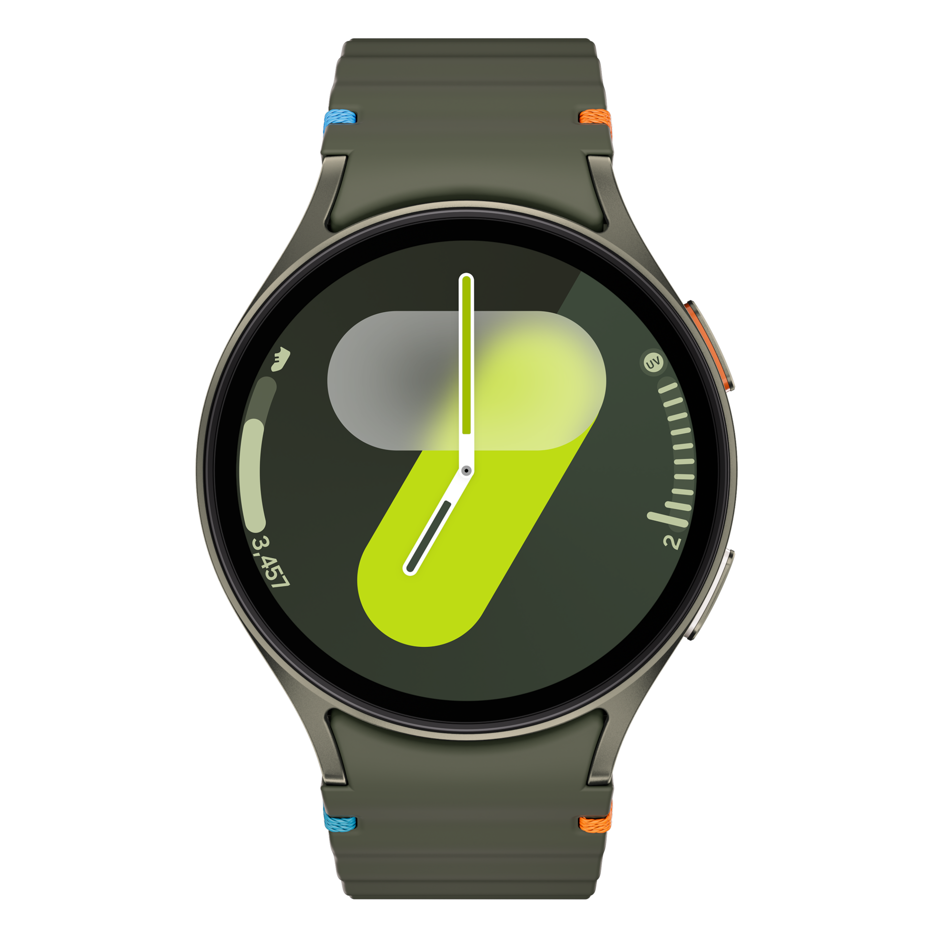 A green Galaxy Watch7 with a green Sport band is shown.