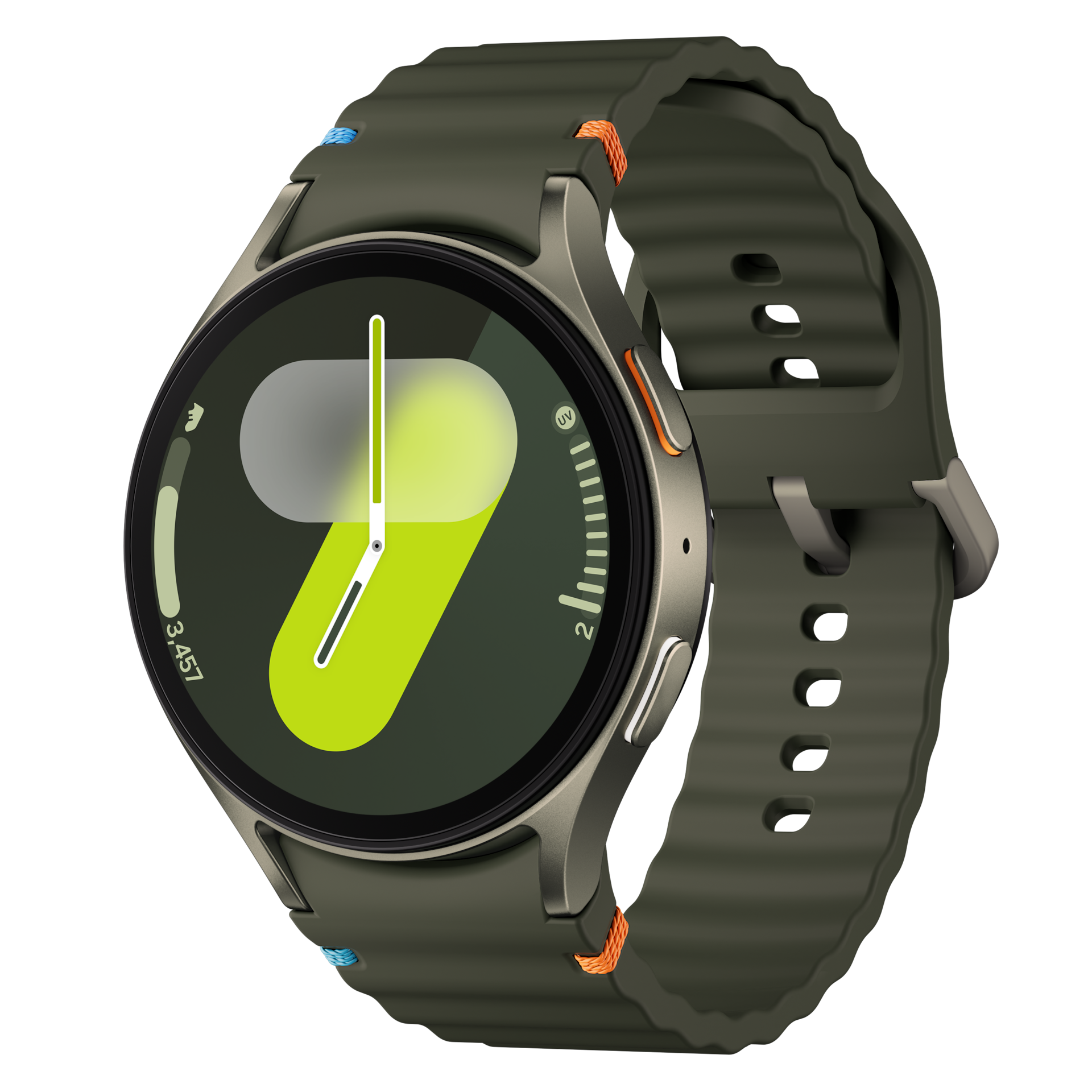 A green Galaxy Watch7 with a green Sport band at a tilted angle is shown.