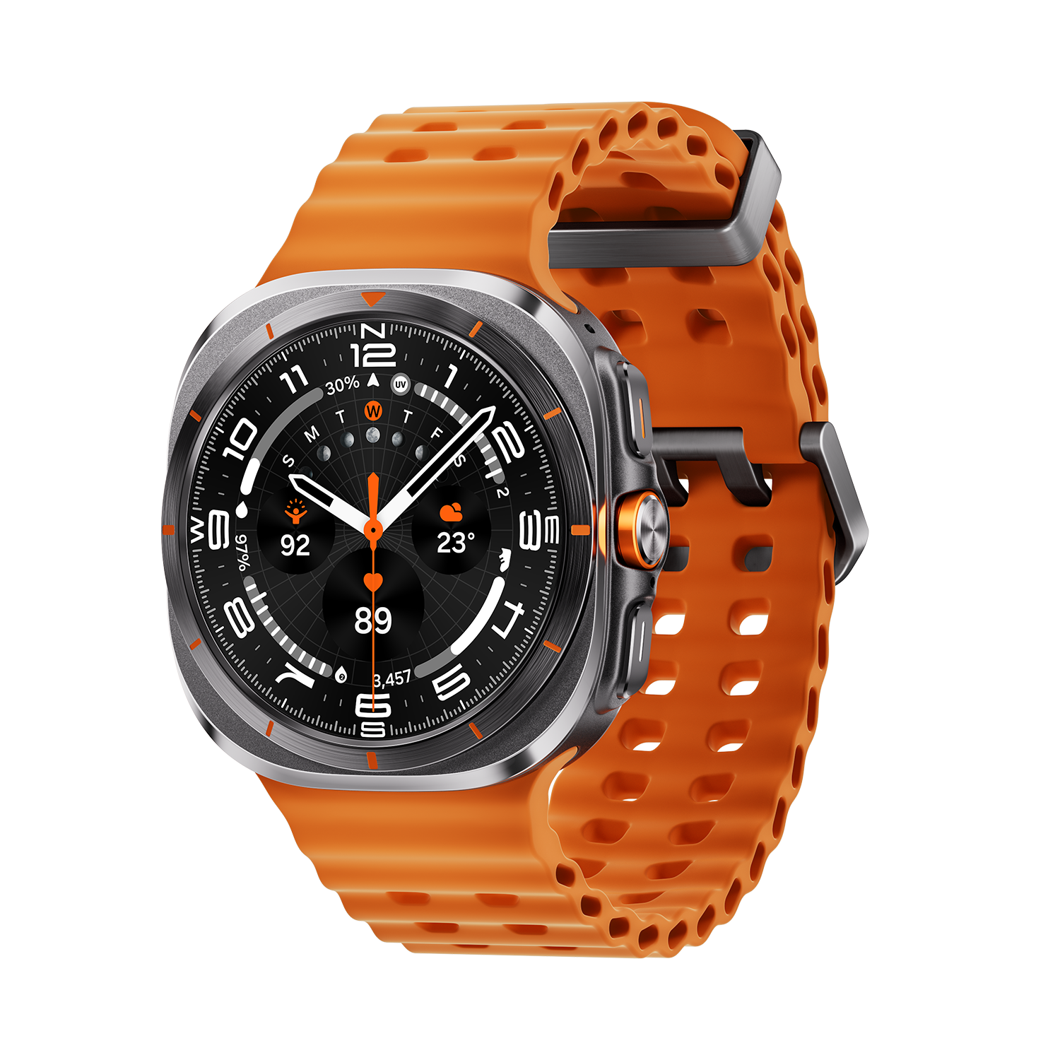 A titanium gray Galaxy Watch Ultra with a orange Marine band at a tilted angle is shown.