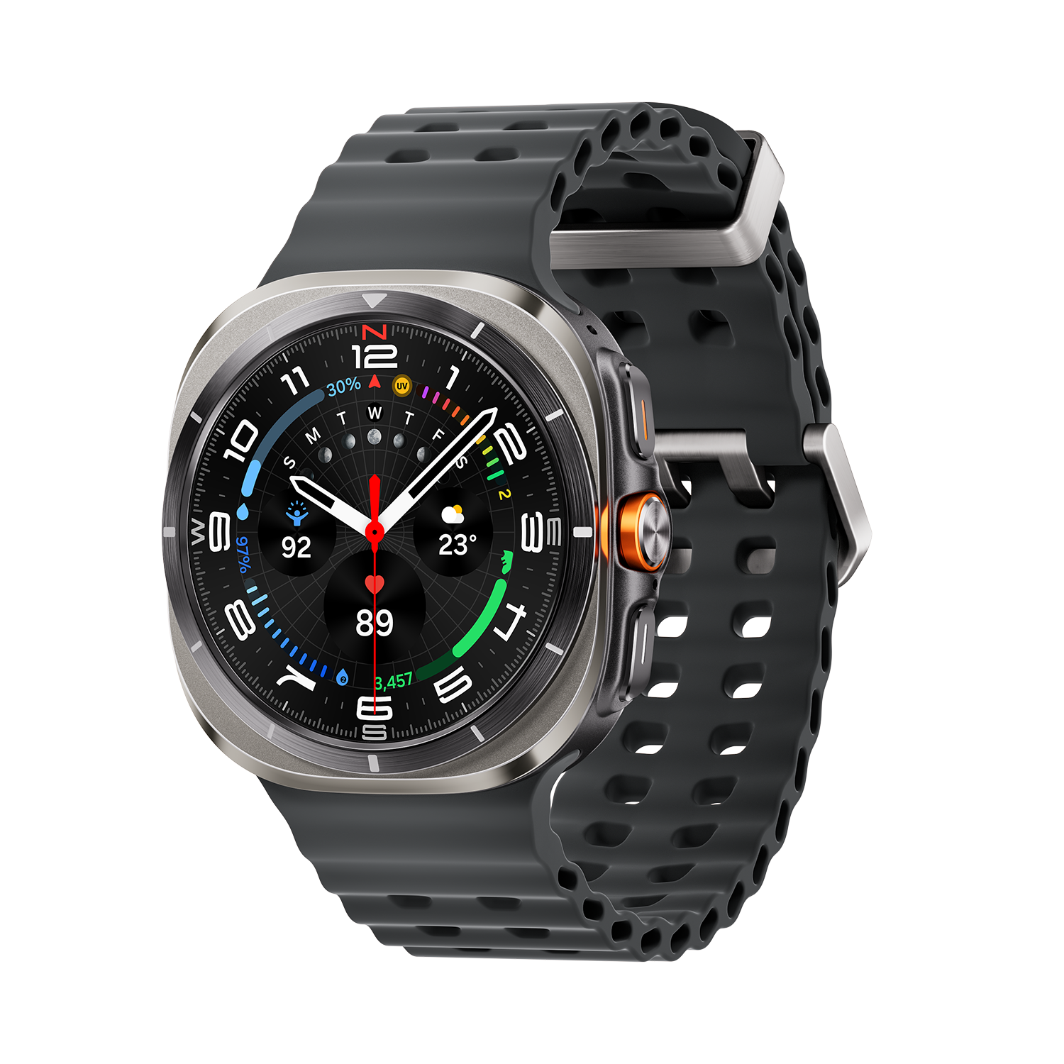 A titanium silver Galaxy Watch Ultra with a dark gray Marine band at a tilted angle is shown.