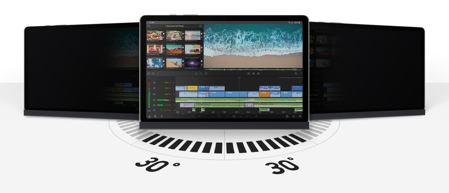 Εμφανίζεται μπροστινή άποψη του Galaxy Tab S9 σε οριζόντιο προσανατολισμό με τοποθετημένο το προστατευτικό οθόνης για ιδιωτική θέαση για εύκολη προβολή της οθόνης εντός 30 μοιρών. Οι συσκευές στα αριστερά και τα δεξιά, που φαίνεται να στέκονται με κλίση, φαίνονται με μαύρες οθόνες.