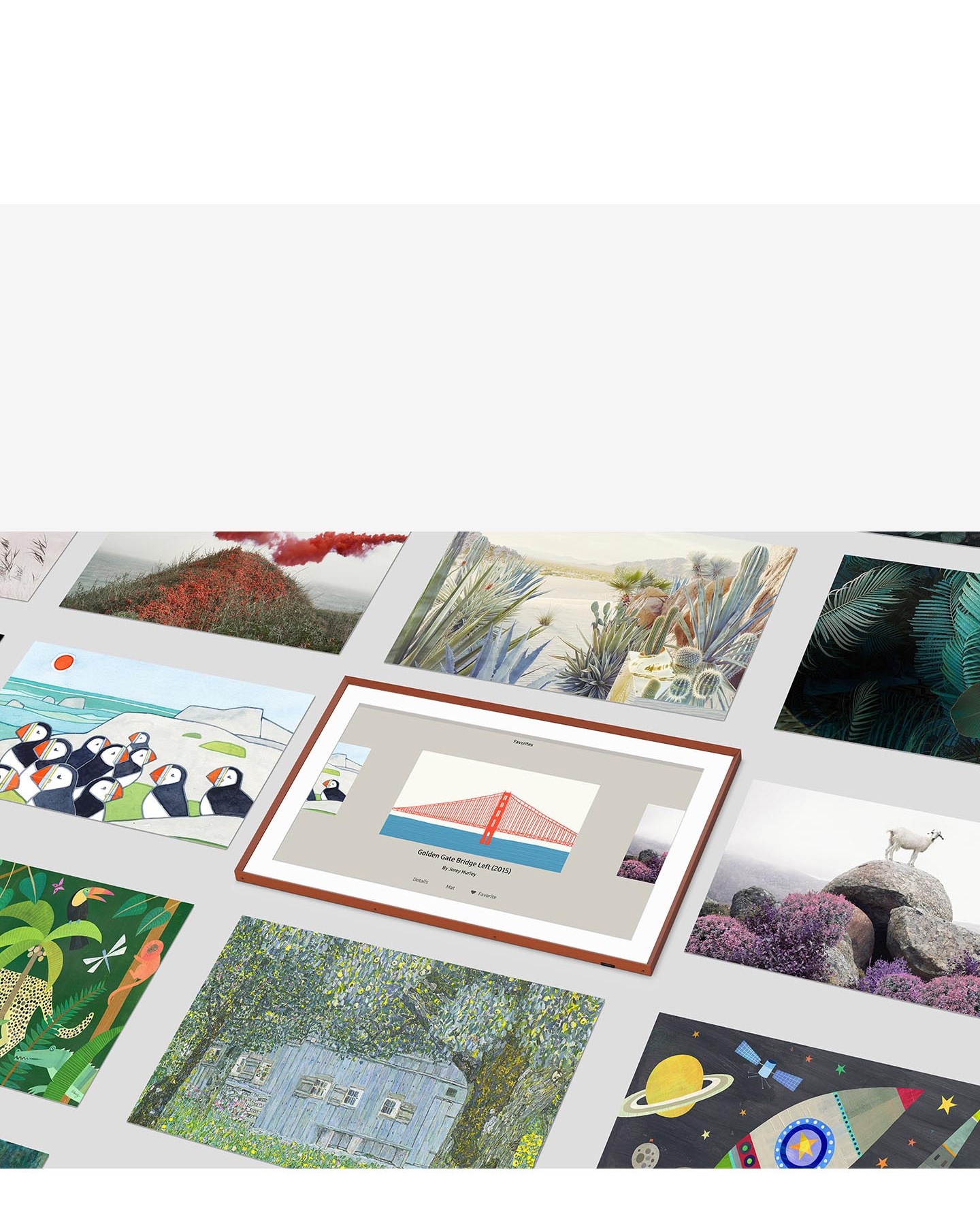 Art Mode user interface image shows bridge and water picture being selected among various other artwork choices.