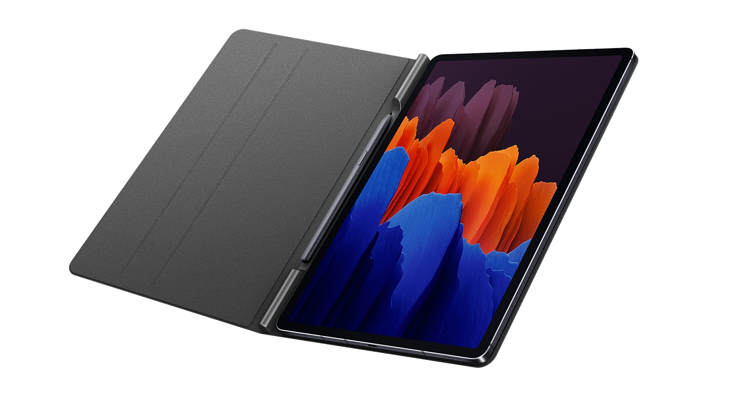 Galaxy Tab S7+ Bookcover opended, showing on-screen of the tablet.
