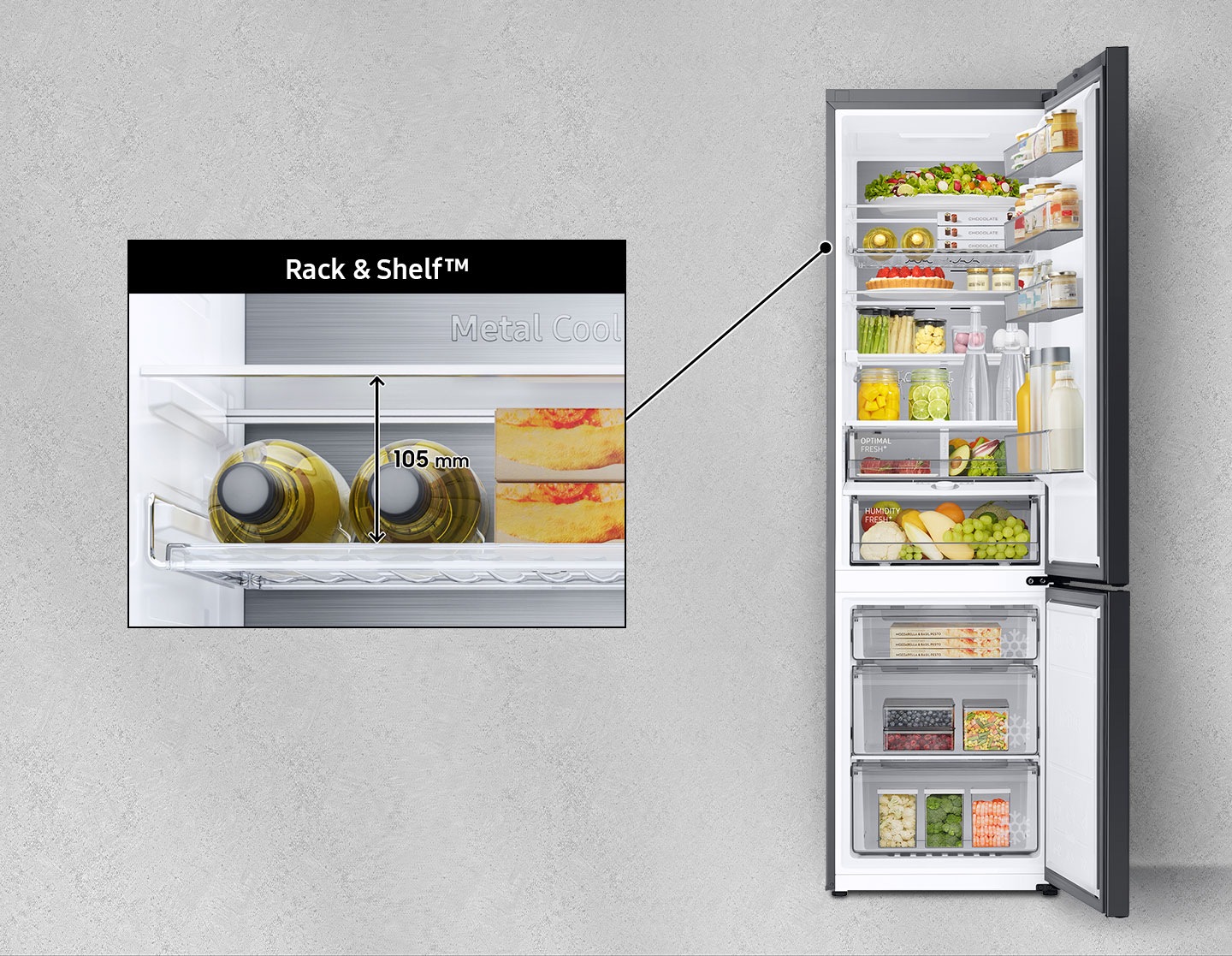 Wine is inserted into the 105 mm high Rack & Shelf™. Long bottles are placed on the 2 Way Foldable Shelf with an arrow drawn inside the RB7300. The RB7300 is open, and the Rack & Shelf™ and 2 Way Foldable Shelf are indicated by arrows.