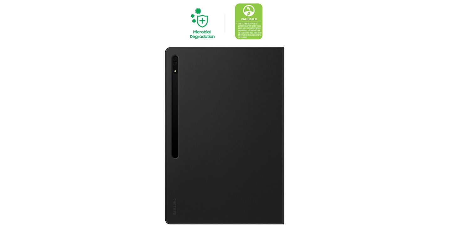 Tab S8 Ultra Note View Cover shown. Placed side by side on top are an icon representing †Microbial Degradation’ and the UL Environmental Claim Validation icon.