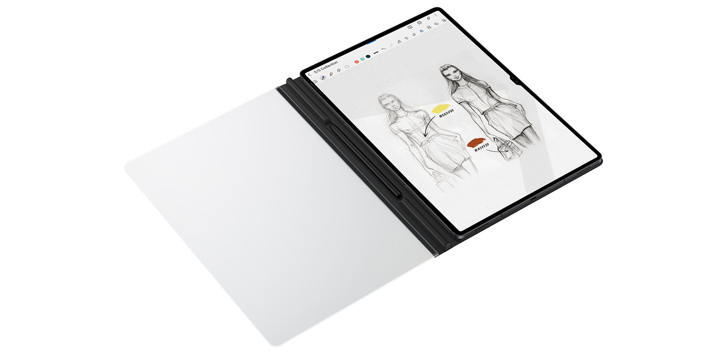A Galaxy Tab S8 Ultra device in a Tab S8 Ultra Note View Cover with an S Pen kept in the embedded holder shown. On the screen is fashion illustration drawn with the S Pen.