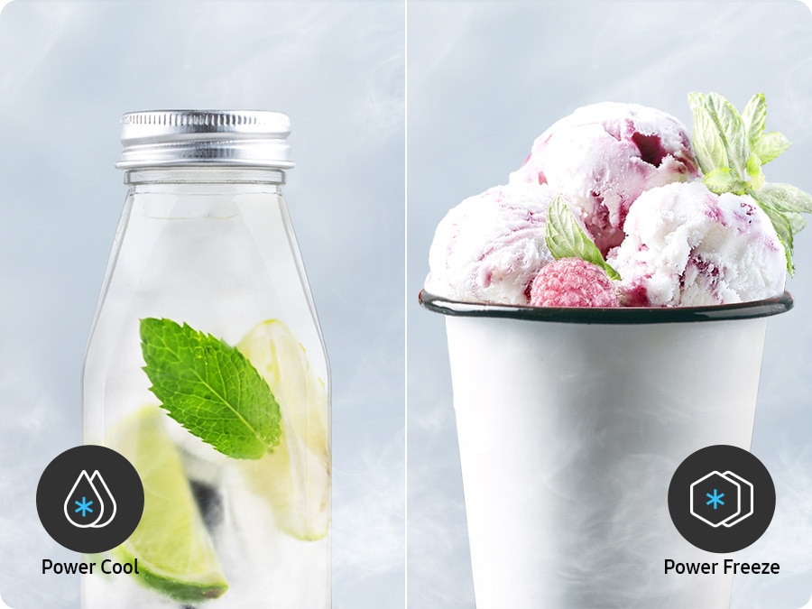 There are icons for Power Cool and Power Freeze, plus a glass water bottle, lime slices, and some ice cream in a steel cup.