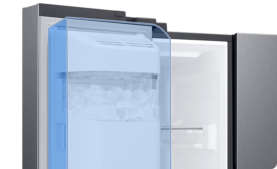 Ice is made in the indoor icemaker located at the top of the RS8000C left door.