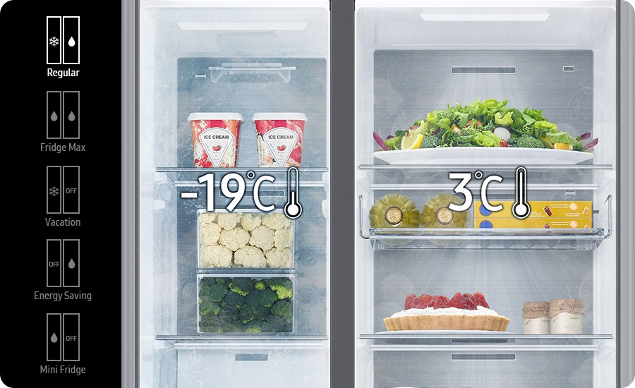 Regular(-19℃ in freezer, 3℃ in fridge), Fridge Max(both 3℃ in freezer and fridge), Vacation(-19℃ in freezer, fridge off), Energy Saving(freezer off, 3℃ in fridge), and Mini Fridge(3℃ in freezer, off fridge) modes are available with the buttons inside the RS8000C.