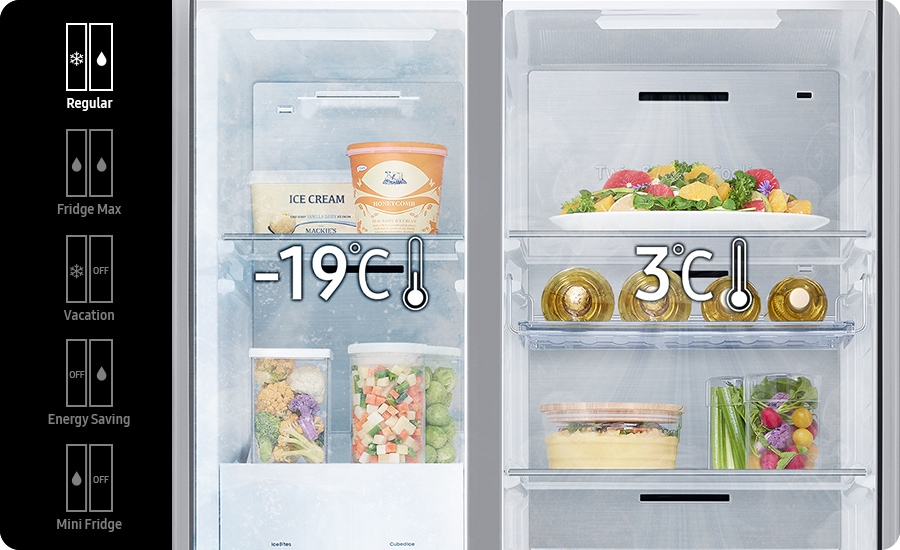 Regular(-19℃ in freezer, 3℃ in fridge), Fridge Max(both 3℃ in freezer and fridge), Vacation(-19℃ in freezer, fridge off), Energy Saving(freezer off, 3℃ in fridge), and Mini Fridge(3℃ in freezer, off fridge) modes are available with the buttons inside the RS8000C.