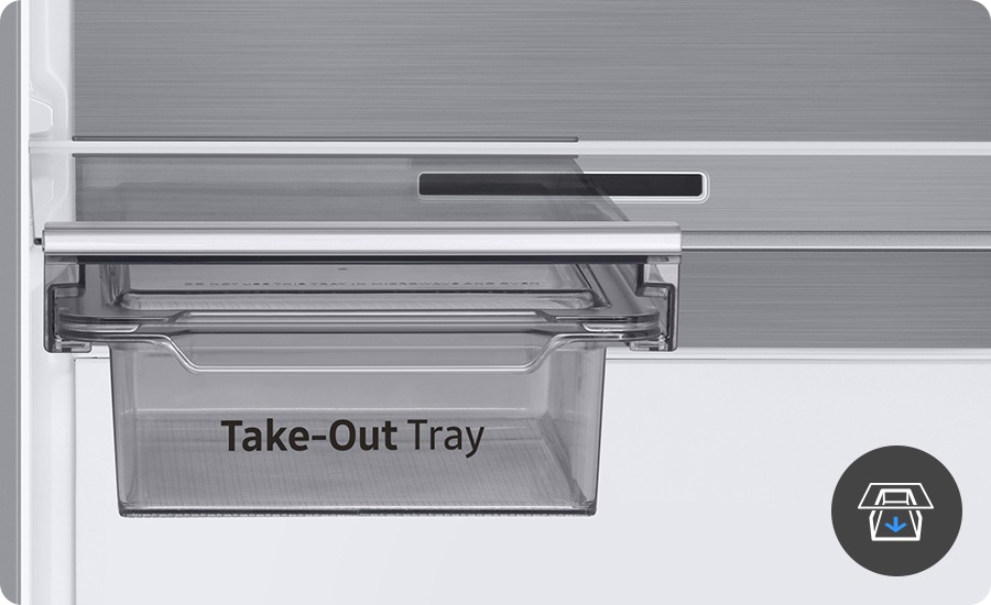 The tray is fitted right under the shelf. You can pull the tray forward and take it out.