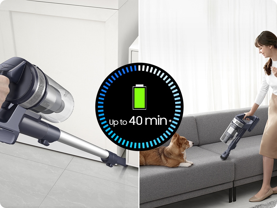 A person cleans the room corner with a Jet 65 equipped with an extension crevice tool and cleans the sofa with a combination tool. The Jet 65 battery allows cleaning for up to 40 minutes*.