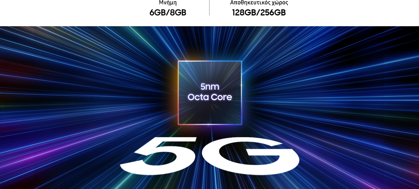 Κείμενο «5nm Οκταπύρηνος» μέσα σε κύβο. Κάτω από αυτό, γράφει «5G» με μεγαλύτερα γράμματα. Δέσμες φωτός συγκλίνουν στο κέντρο του κύβου. Μνήμη 6GB/8GB, Αποθηκευτικός χώρος 128GB/256GB.
