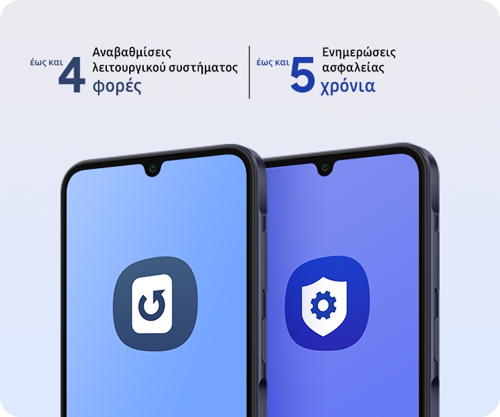 Δύο Galaxy A25 5G σε χρώμα Blue Black εμφανίζονται το ένα δίπλα στο άλλο. Στην οθόνη της πρώτης συσκευής εμφανίζεται το εικονίδιο αναβάθμισης λειτουργικού συστήματος. Στην οθόνη της δεύτερης συσκευής εμφανίζεται το εικονίδιο των Knox ρυθμίσεων για προχωρημένους. Αναβαθμίσεις λειτουργικού συστήματος έως και 4 φορές, ενημερώσεις ασφαλείας για έως και 5 χρόνια. 