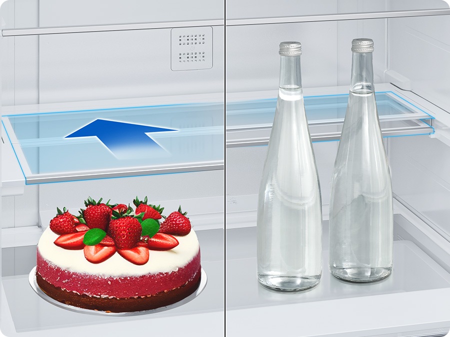 There are arrows to indicate that the shelf slides half its width into the refrigerator. So you can store not only pie also tall bottles on the shelf.