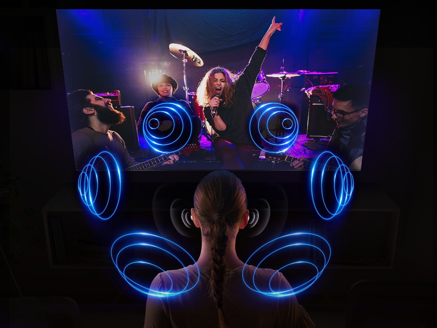 Bir kişi televizyonun karşısına Galaxy Buds takıyor ve kafasının her tarafı ses dalgalarıyla çevrili oluyor.