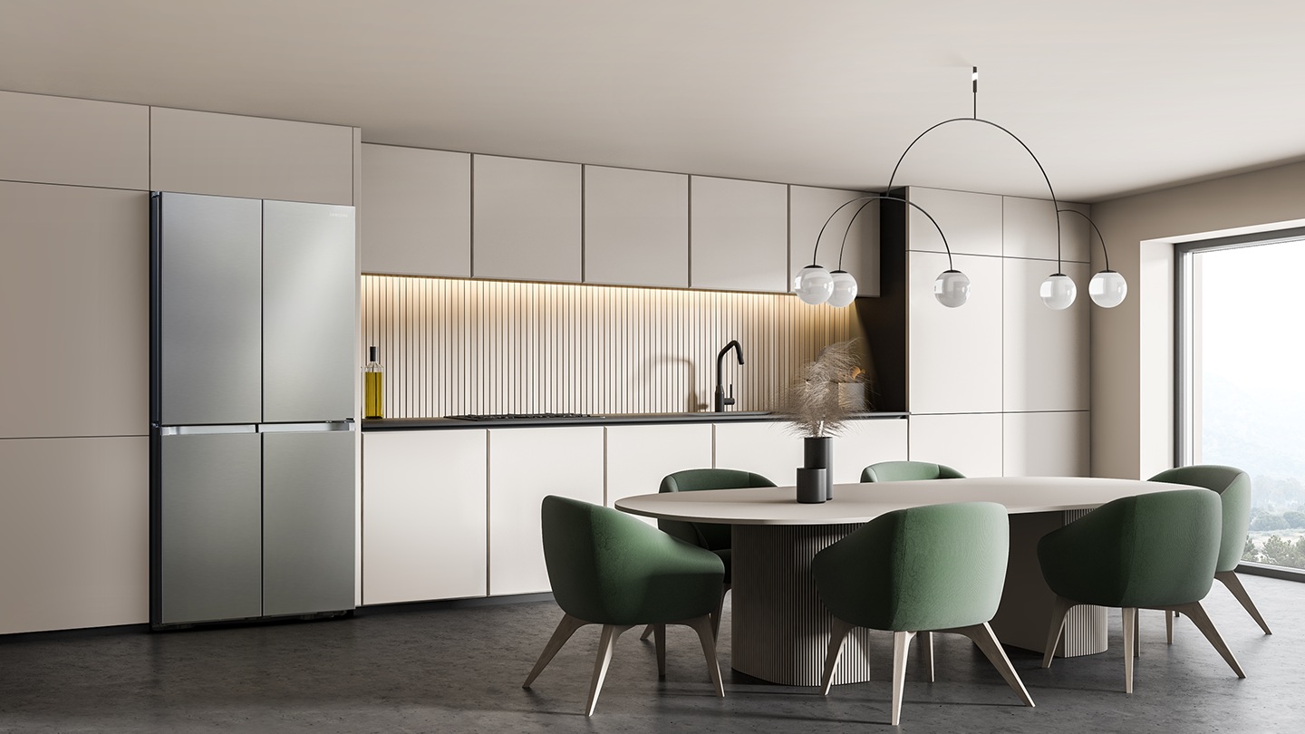 Use less energy, enjoy refreshing water your way. The refrigerator is installed in the Kitchen.
