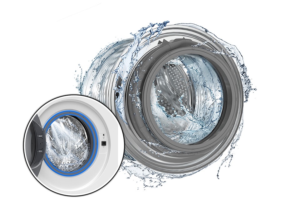 The washer drum is surrounded by clean water and water jets are cleaning the inside. Close-up of the rubber door gasket.