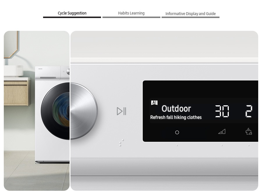 The AI washer’s control panel displays the Cycle suggestion, Habits learning, Informative display and guide.