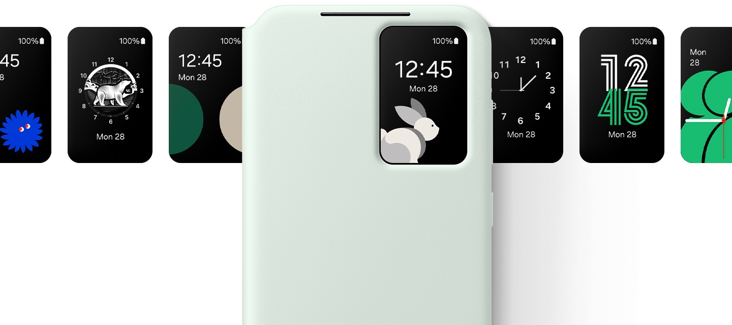 Front view of a Galaxy S24 FE wearing a mint Wallet Case. Displays of the small view window are arranged to the left and right, each showing the time and date in different styles.