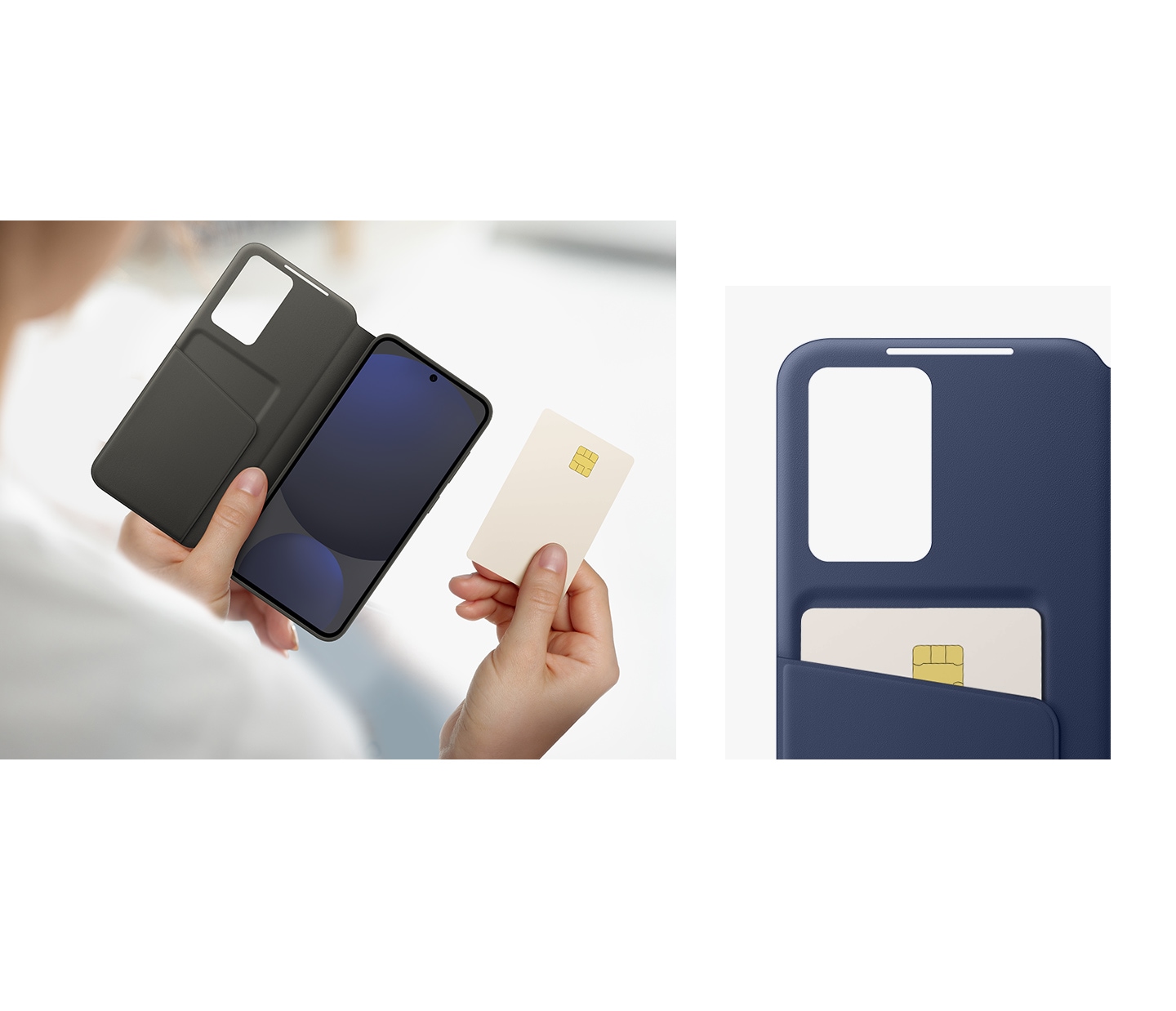 A person is holding a card to insert into the sleeve of a black Wallet Case. An open blue Wallet Case shows a card securely pocketed inside. The text reads UL VALIDATED WALLET CASE (EF-ZS721) CONTAINS A MINIMUM OF 28% RECYCLED CONTENT, CONSISTING OF 41% RECYCLED CONTENT IN THE PLASTIC OF EF-ZS721. UL.COM/ECV