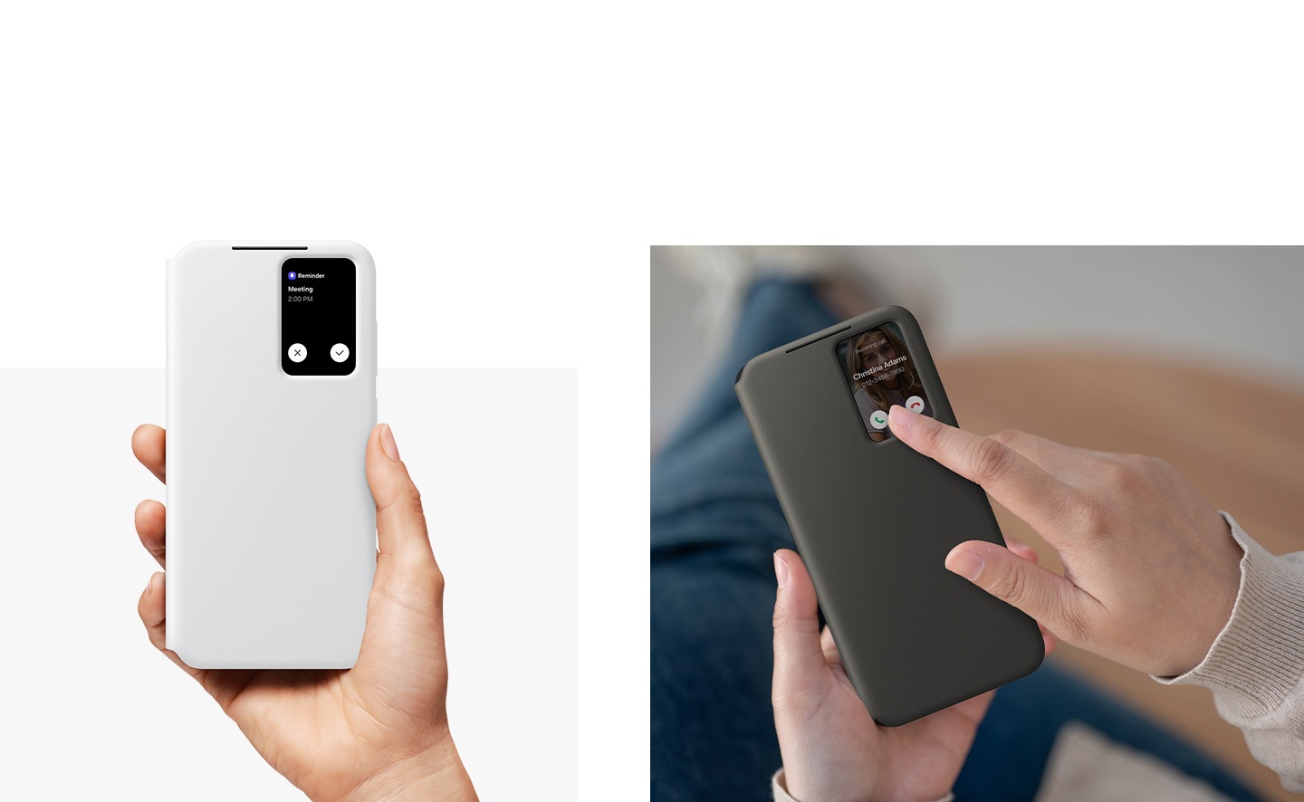 A person is holding a Galaxy S24 FE in a black Wallet Case to answer a call without opening the case. A hand is holding up a Galaxy S24 FE in a gray Wallet Case, which displays an incoming call on its small view window.