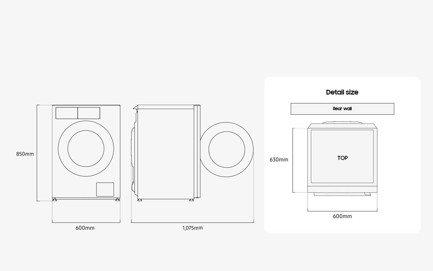 Illustration shows the Washer’s dimensions from the front, side, and top. Detail size is measured 600mm in width, 850mm in height, and 630mm in depth. When the door in the front is opened, it measures 1,075mm in total width. The washer must be installed with some spacing from the rear wall.