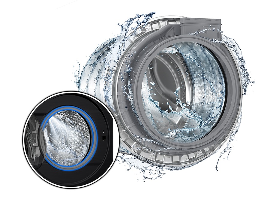 The washer drum is surrounded by clean water and water jets are cleaning the inside. Close-up of the door gasket.