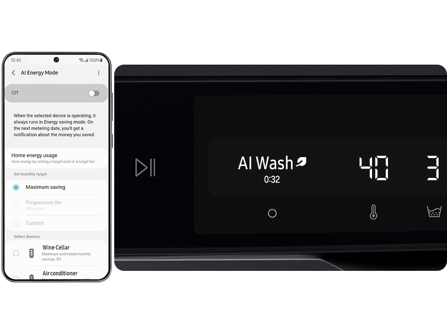AI ​​Energy Mode is activated by checking the mode button to 'On' and selecting the device you want to run on Smartphone. It does energy saving up to 60% more than AI Energy Mode off. ※Images shown are for illustration purpose. Results may vary depending on the actual usage conditions.