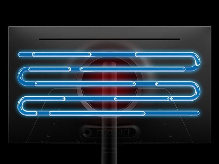 Back of monitor turns red due to heat. X-ray view shows coolant inside heat pipe. Back panel turns blue as if cooled.