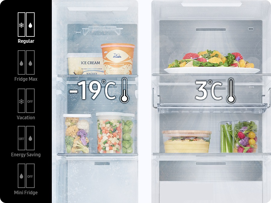 Regular(-19℃ in freezer, 3℃ in fridge), Fridge Max(3℃ in freezer, 3℃ in fridge), Vacation(-19℃ in freezer, fridge off), Energy Saving(freezer off, 3℃ in fridge), and Mini Fridge(3℃ in freezer, off fridge) modes are available with the buttons inside the refrigerator.