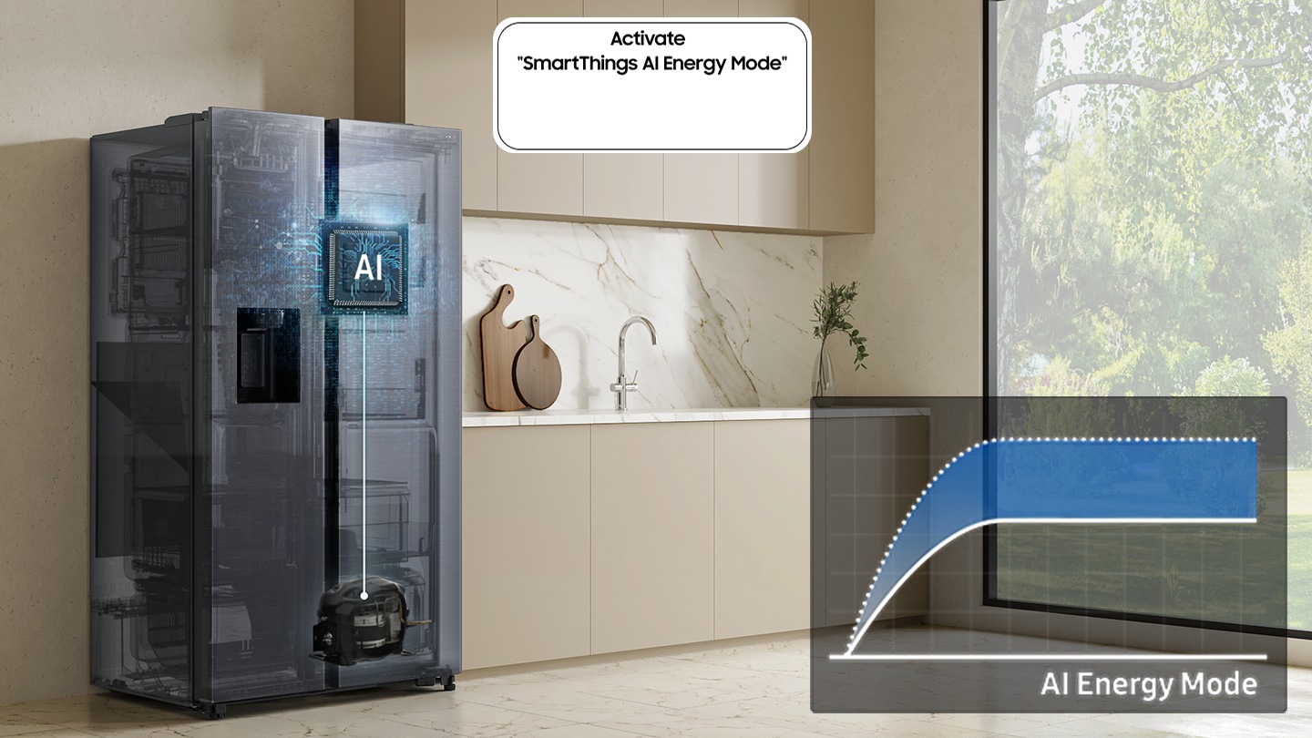 The refrigerator installed in the kitchen with the Activate “SmartThings AI Energy Mode” button ON. The AI Energy Mode is turned on, AI activated to check internal and manage the compressor, and a graph shows the UP to 10% Energy Saving effect when in AI Energy Mode compared to Normal mode.