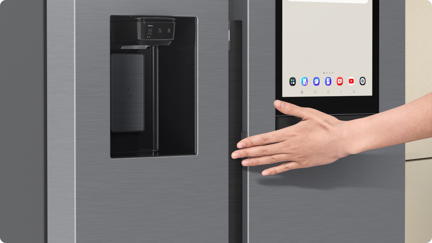A hand slightly touches the Auto Open Doors touch sensor and the door automatically opens.