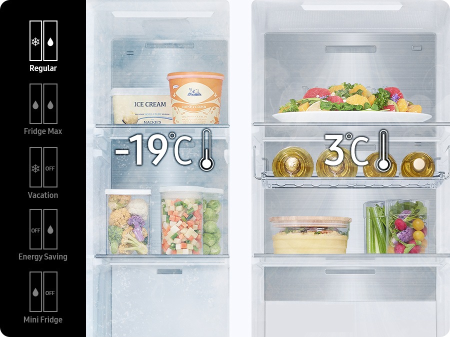 Regular(-19℃ in freezer, 3℃ in fridge), Fridge Max(3℃ in freezer, 3℃ in fridge), Vacation(-19℃ in freezer, fridge off), Energy Saving(freezer off, 3℃ in fridge), and Mini Fridge(3℃ in freezer, off fridge) modes are available with the buttons inside the refrigerator.