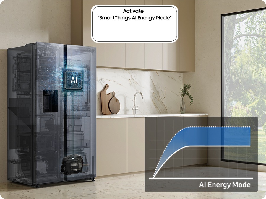 The refrigerator installed in the kitchen with the Activate “SmartThings AI Energy Mode” button ON. The AI Energy Mode is turned on, AI activated to check internal and manage the compressor, and a graph shows the UP to 10% Energy Saving effect when in AI Energy Mode compared to Normal mode.