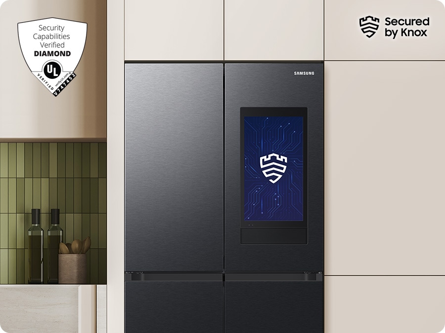 There is a Samsung refrigerator protected by Knox as indicated by the Knox logo on the Family Hub screen and in the top right corner. In the top left corner, there is a diamond badge representing security capabilities verified by UL Solutions. V747452. Secured by Knox. 
