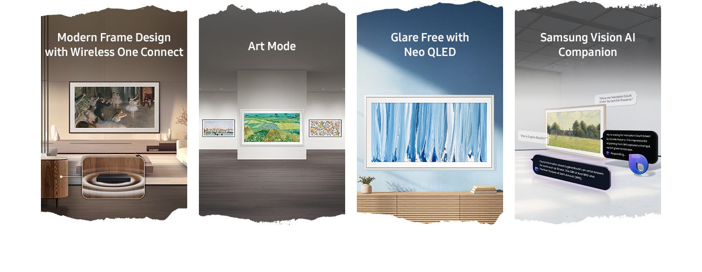 A feature overview of the Frame TV highlighting Modern Frame Design with Wireless One Connect, Art Mode, Glare Free technology with Neo QLED and Samsung Vision AI Companion.