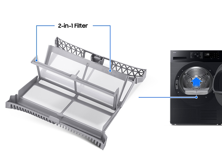 DV5000D'nin tamburunun alt kısmında 2'si 1 arada filtre bulunur. Ok, filtrenin tamburun altından çıkarılma yönünü göstermektedir.