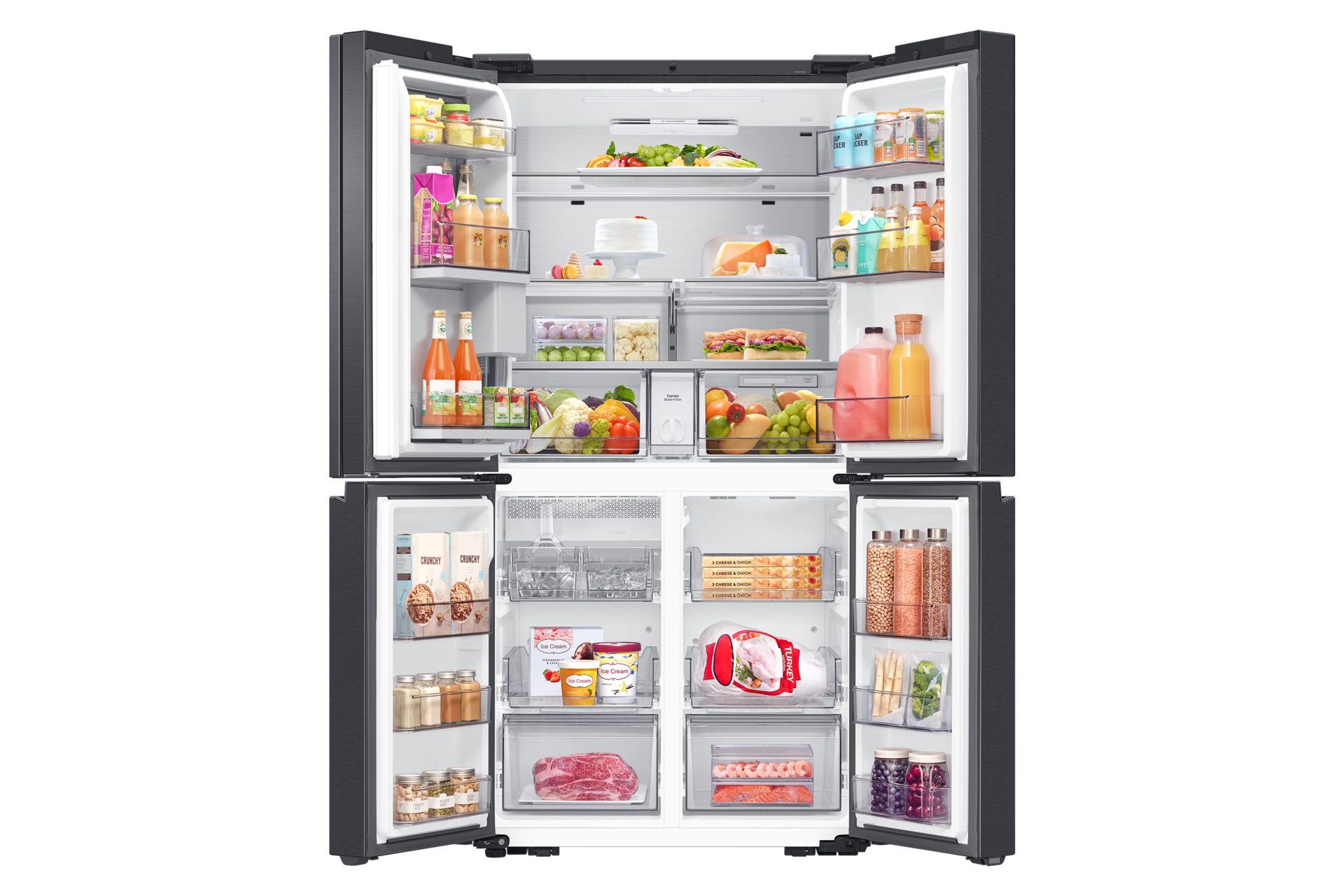RF9000 T Style French Door Refrigerator with 21.5" Family Hub Front-Open-With-Food Black 