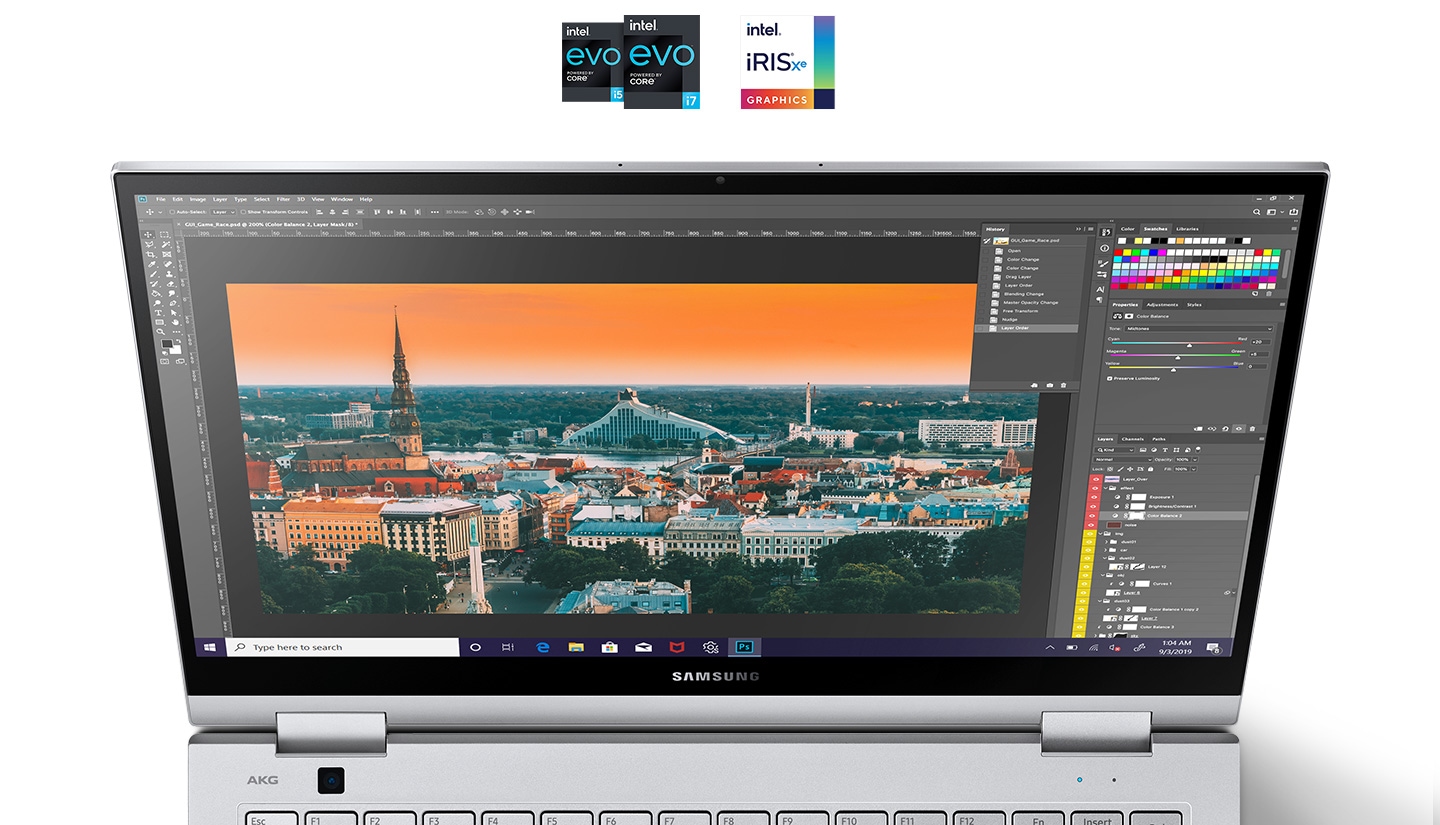 Top view of open Galaxy Book Flex 5G with photo-editing software onscreen. Intel evo core and Intel iris logos are above.
