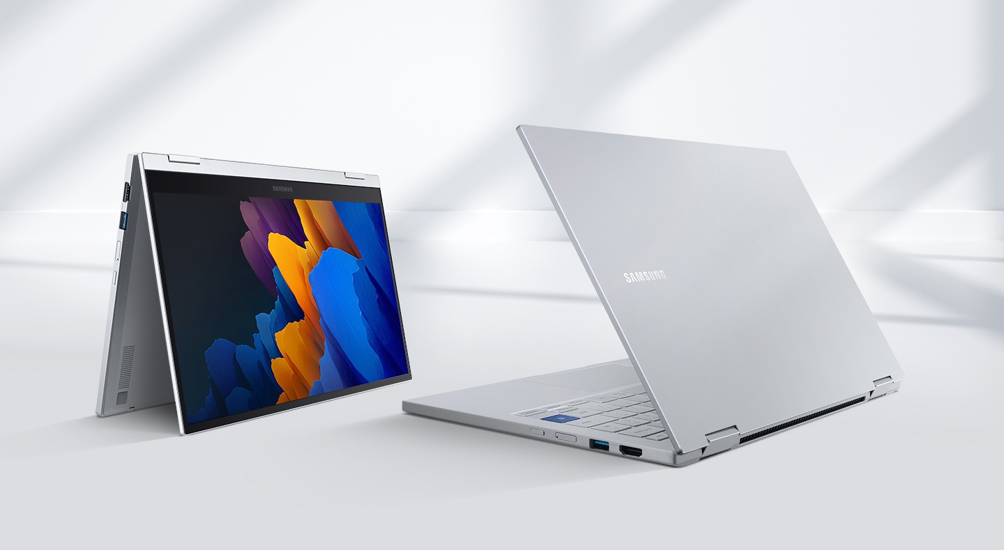 Two Galaxy Book Flex 5Gs face each other, one flipped to stand and one open, highlighting its thin design.