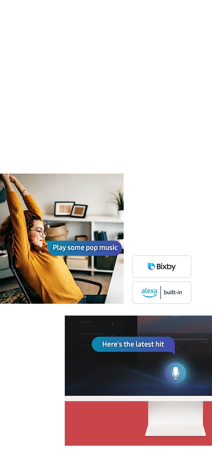 A woman sits in a chair at her desk. A word bubble next to her has the text †Play some pop music' inside. On the monitor screen next to a microphone icon, a word bubble has the text †Here's the latest hit' inside . The logos for Bixby and Amazon Alexa built-in are next to the monitor.