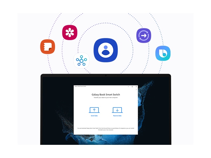 Galaxy Book Smart Switch 在 Galaxy Book2上運行。屏幕上有兩個 PC 圖標，每個圖標都有一個向上和向下的箭頭，上面有文本，發送數據和接收數據。Smart Switch 屏幕上方是多個 Galaxy 應用程式圖標，例如聯繫人、Samsung Notes、Samsung Gallery、SmartThings、Quick Share和 Bixby，用戶可以通過Single Sign-On一次查看所有這些圖標。