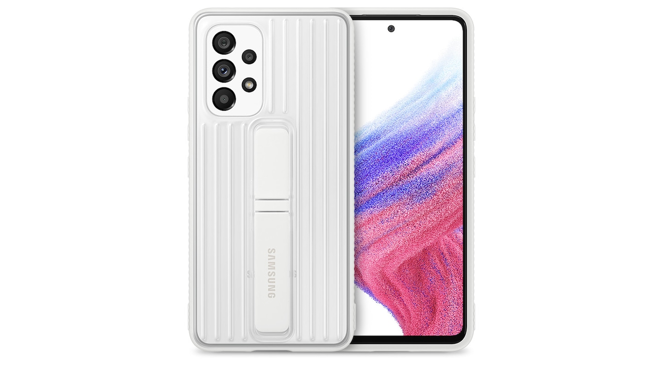 Two Galaxy A53 wearing the white Protective Standing Cover are showing the backside and frontside of how the case looks.