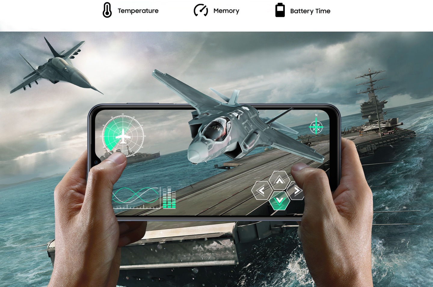 Two hands holding a Galaxy M33 5G device in horizontally, playing a fighter plane fps game. The background shows the in-game naval battlefield atmosphere with a large aircraft carrier extended to outside the screen. From inside the screen, a fighter plane is slightly protruding outside the screen. Above, text reads Temperature, Memory and Battery Time.
