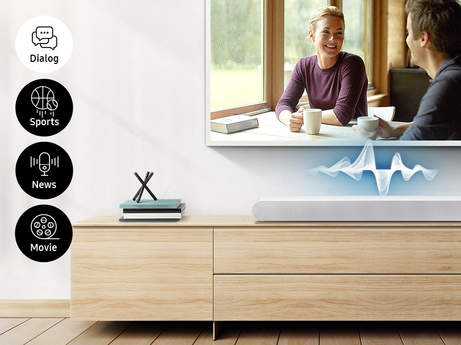 A TV display changes from dialogue, sports, news, to movies and the soundbar shows different audio waves for each to show how the soundbar adapts to voices within each content.