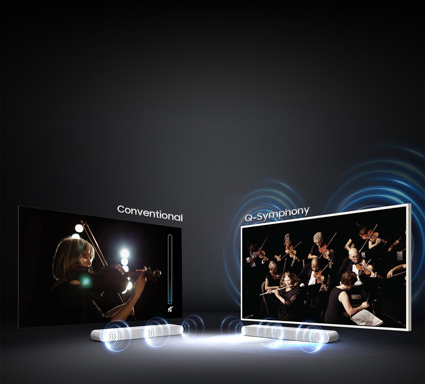Sound wave graphics from only soundbar demonstrate conventional sound experience.On the other hand, sound wave graphics from TV speaker and soundbar show that Q Symphony allows sound to be heard simultaneously from TV speaker and soundbar.