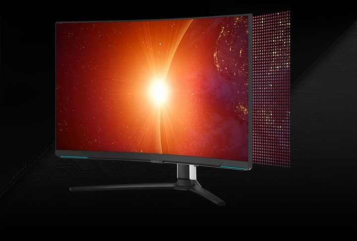 A video shows a split monitor screen with "Edge LED" on the left with a few large dots and "Quantum Mini-LED" on the right with many small dots. The left then shows ten local dimming zones and the right with 1,194. A shining star then appears on the screen as the monitor rotates to its left.