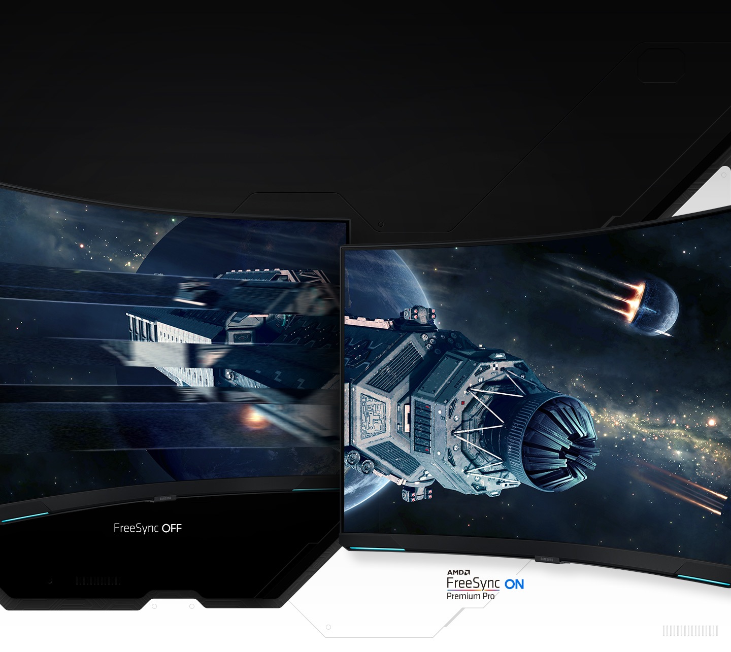 Two monitors are shown side-by-side with starships floating in space on both screens. One screen is shown with AMD FreeSync Premium Pro on and displays a smooth ship movement while the other monitor is shown with FreeSync off and displays a scattered movement with tearing.